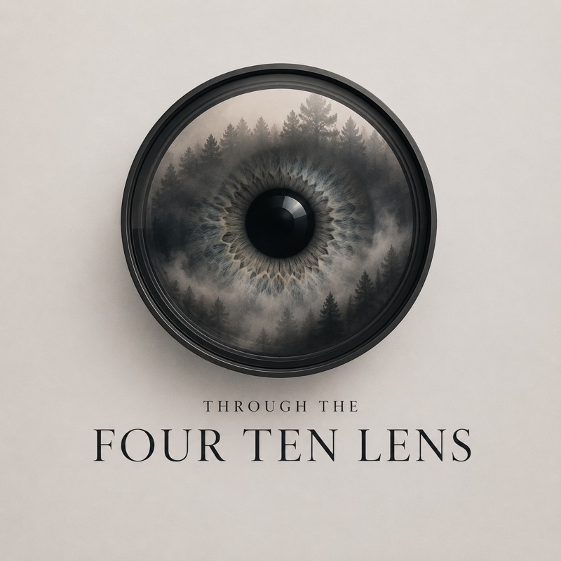 Through the Four Ten Lens — a camera lens whose iris reflects a misty pine forest
